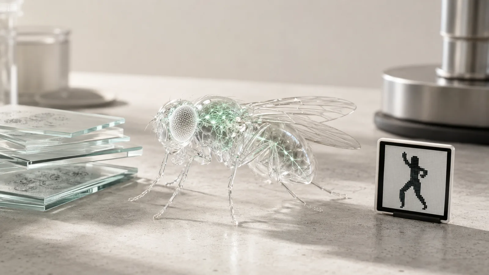 Una mosca de la fruta de cristal translúcido sobre una mesa de laboratorio, con su sistema nervioso visible como filamentos verde menta; a un lado, portaobjetos apilados y una pequeña pantalla de píxeles con una silueta bailando.
