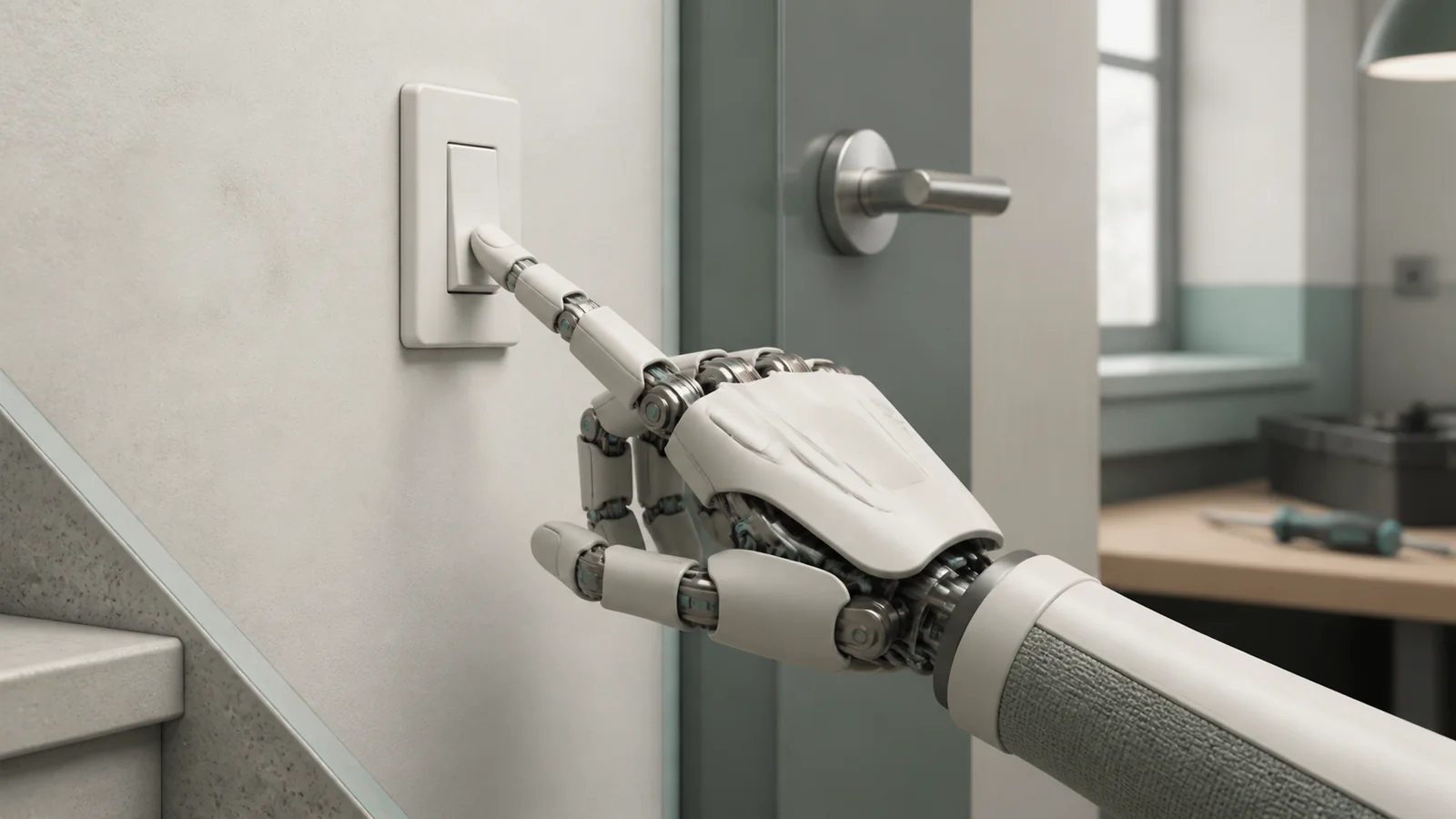 Una mano robótica blanca pulsa un interruptor junto a una puerta y una escalera.