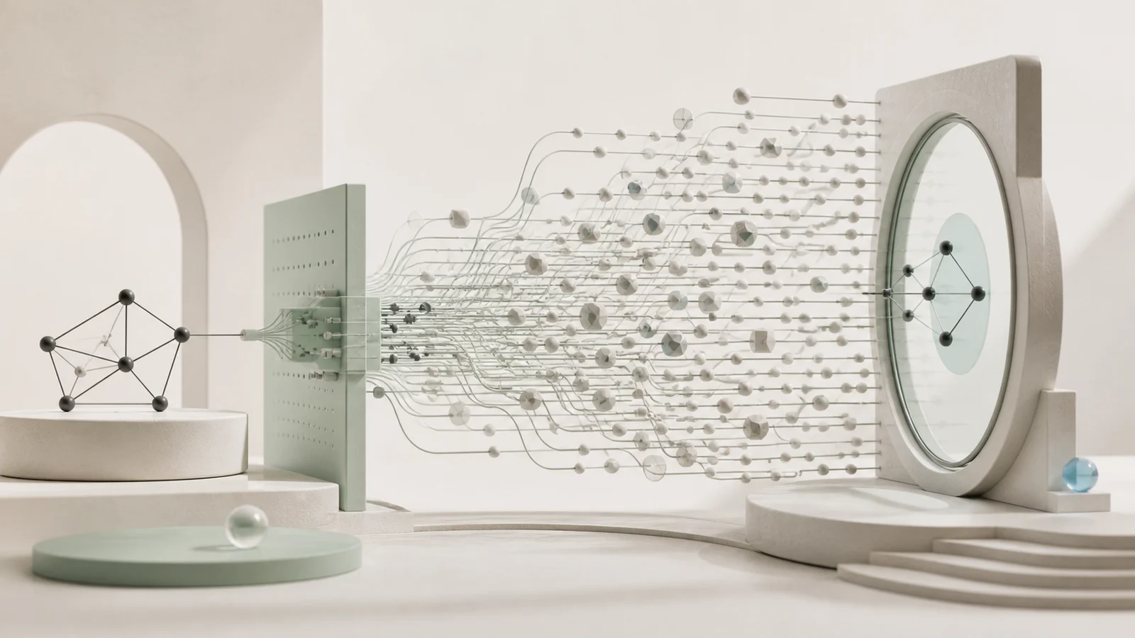 Una red geométrica atraviesa una lente que la convierte en una estructura comprensible. Ilustración conceptual.