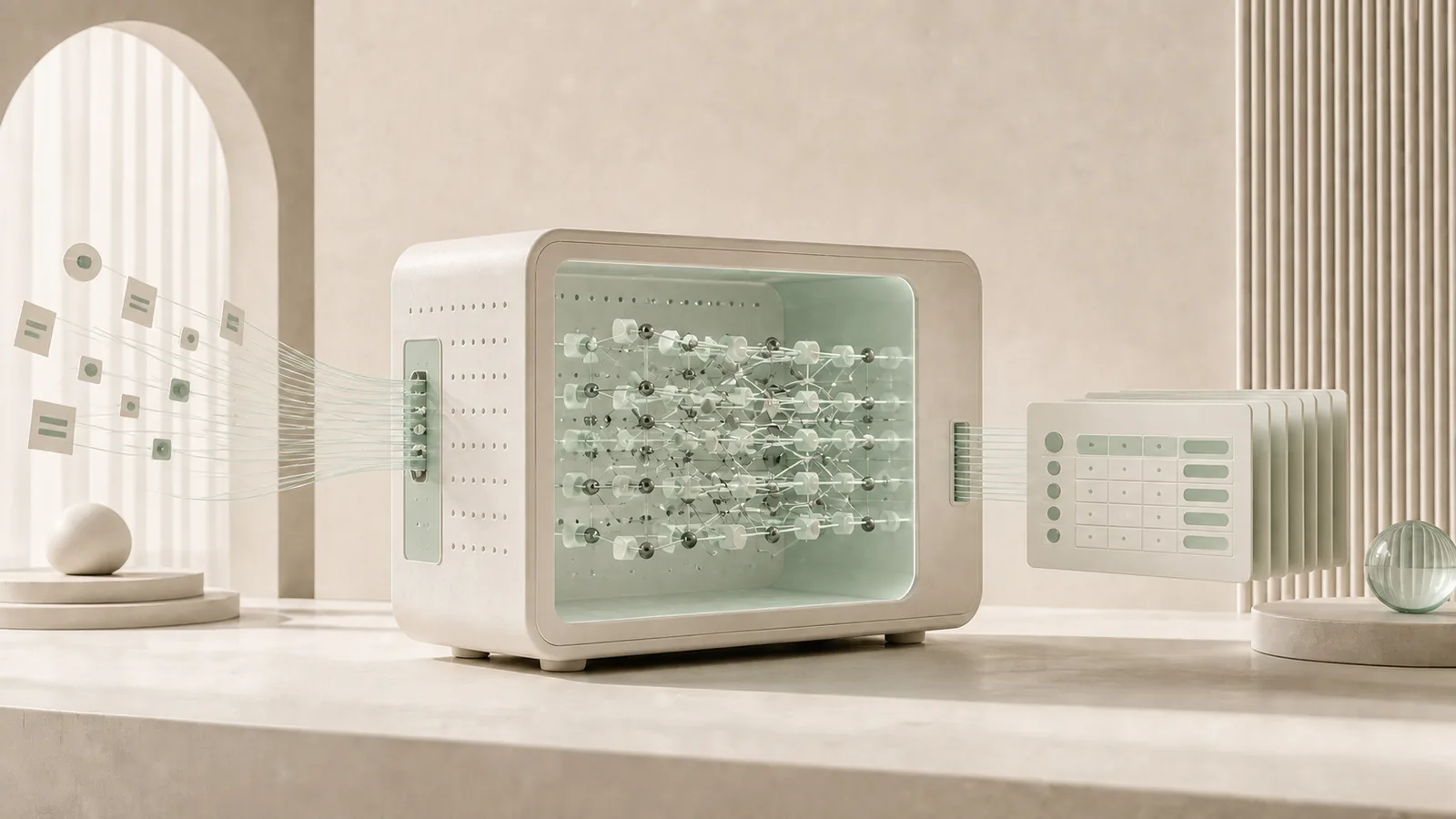 Documentos entran en una máquina compacta que contiene una red neuronal y devuelve datos estructurados.