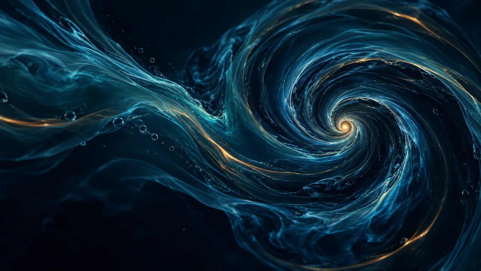 Un vórtice de fluido azul concentra sus corrientes alrededor de un pequeño núcleo luminoso. Ilustración conceptual.